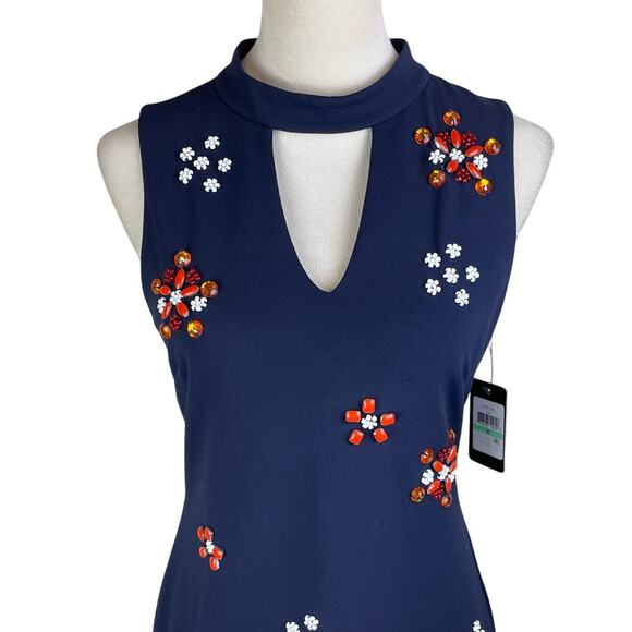 Guess NWT Navy Crepe Fabric Orange & White Bead Embellished Choker Sheath Dress - Picture 5 of 13